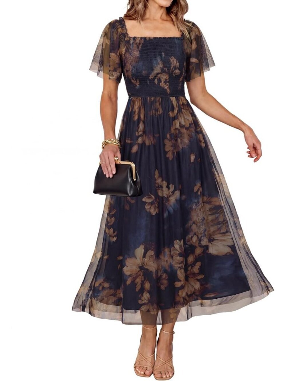 Women's Floral Navy Brown Stylish Square Neck Mesh Smocked Boho Maxi Dress